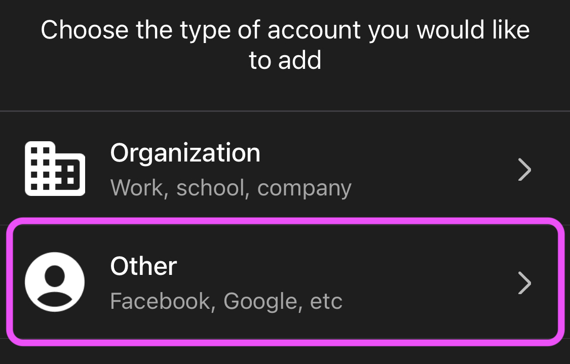 Okta Verify screen titled "Choose the type of account you would like to add", with the "Other" option (Facebook, Google, etc.) highlighted in pink.