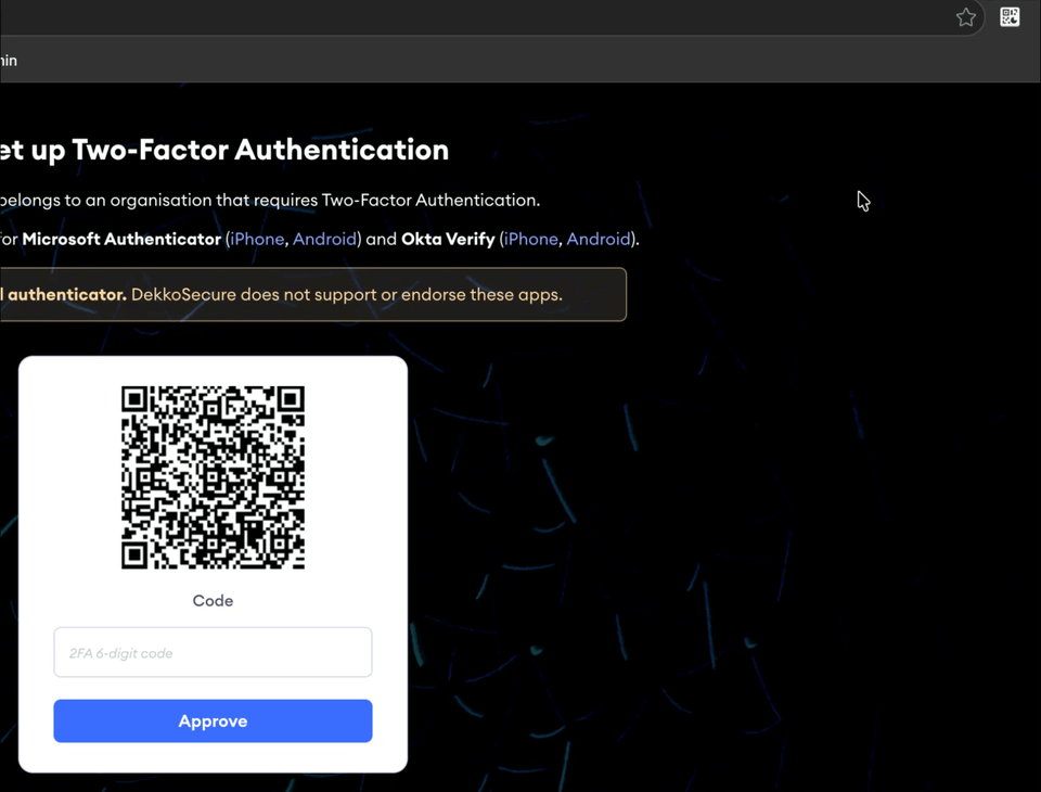 Two-factor setup page with a QR code to scan, a "Code" field for the 6-digit code, and a blue Approve button.