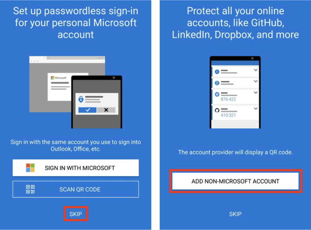 Two Microsoft Authenticator setup screens: "Skip" (outlined in red, left) and "Add non-Microsoft account" (outlined in red, right).