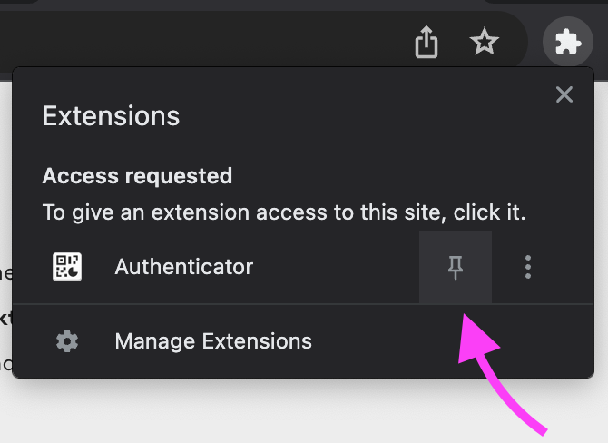 Browser Extensions panel showing the Authenticator extension under "Access requested", with the pin button highlighted by a pink arrow.