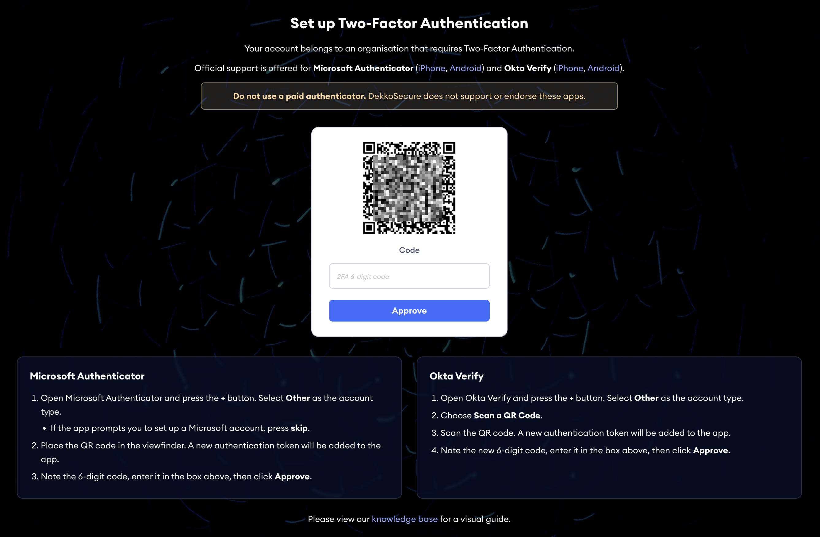 Set up 2FA screen showing a QR code to scan, a "Code" field for the 6-digit code, and an Approve button.