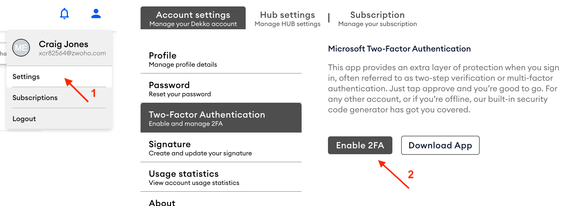 Dekko account settings showing the user menu opened to Settings (step 1) and the Two-Factor Authentication page with the "Enable 2FA" button (step 2).