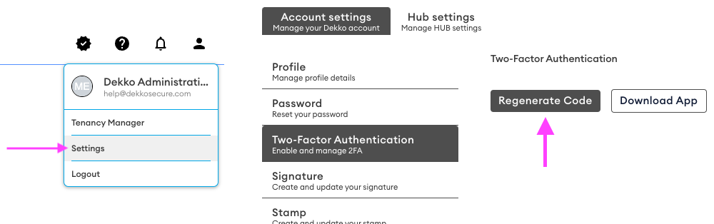 Settings menu open from the profile dropdown, with the Two-Factor Authentication tab selected and the Regenerate Code button highlighted.