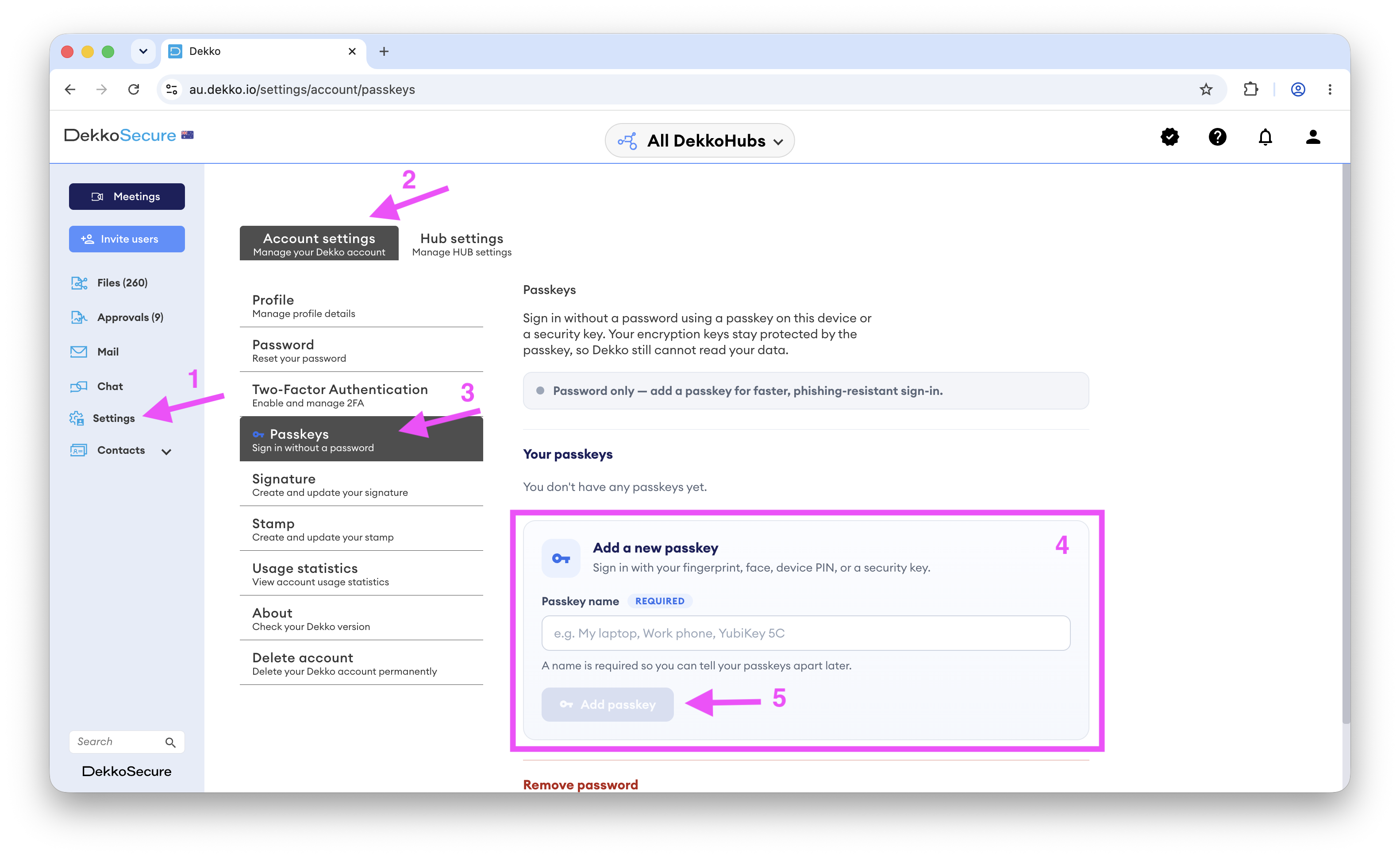 Dekko Account settings Passkeys page with numbered steps: Settings in the sidebar, Account settings tab, Passkeys menu item, and the Add a new passkey form with name field and Add passkey button.