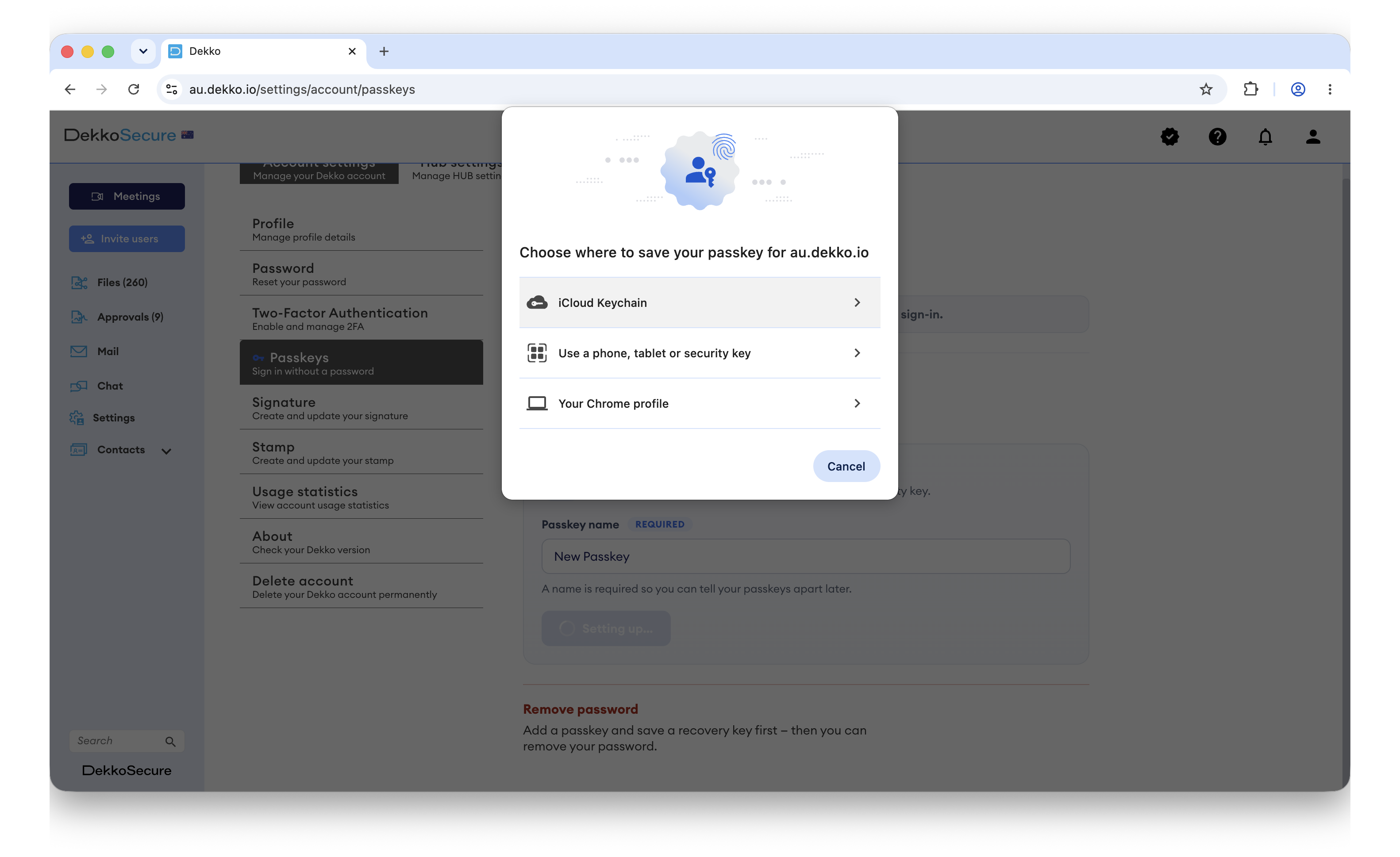 Chrome dialog "Choose where to save your passkey for au.dekko.io" listing iCloud Keychain, a phone, tablet or security key, and Your Chrome profile, with Cancel.