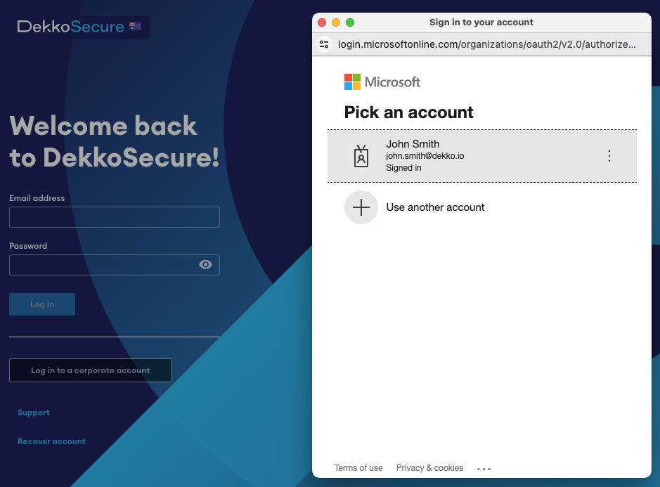 Microsoft "Pick an account" sign-in pop-up from the DekkoSecure login page, listing the signed-in account john.smith@dekko.io and a "Use another account" option.