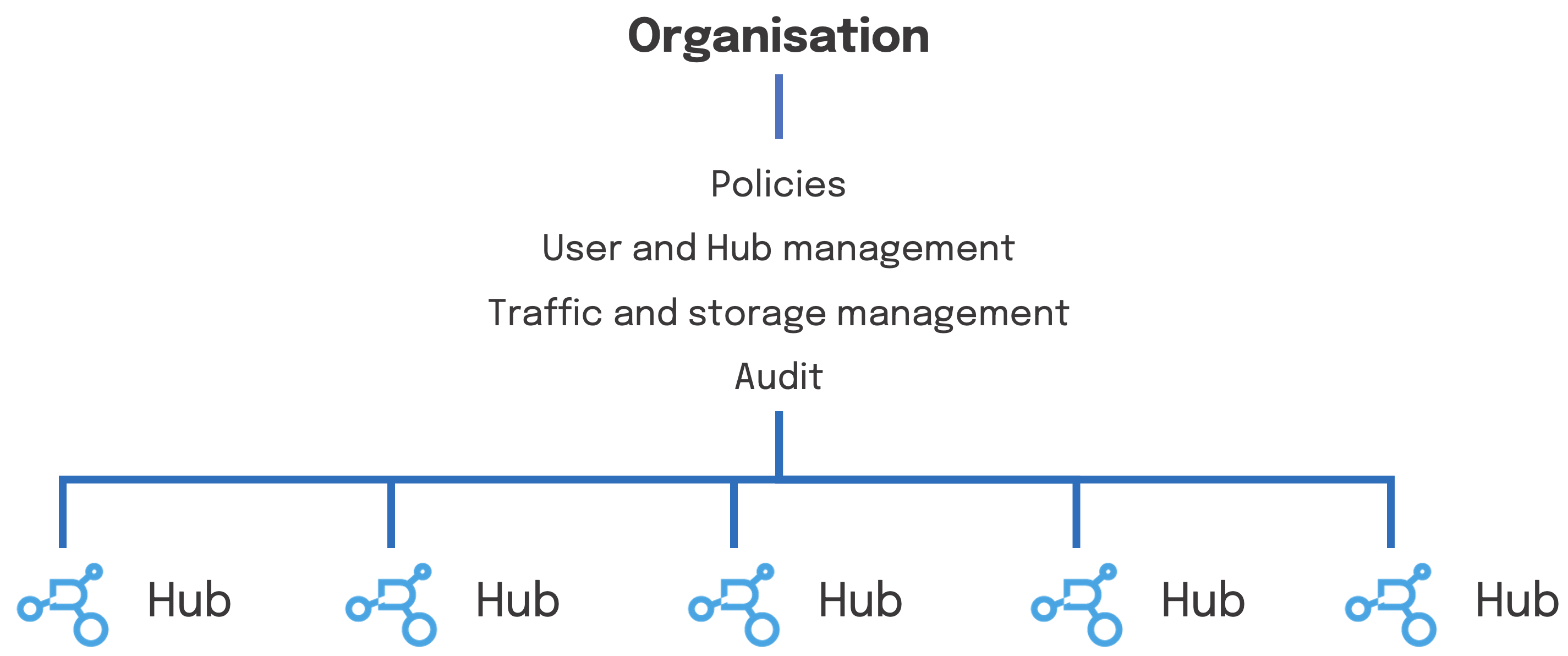 Each organisation got it's own Tenancies, Policies, User and Hub management, traffic and storage management and immutable audit logs