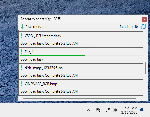 Recent sync activity window showing "Pending: 40", a download in progress for File_4, and completed downloads listed with timestamps, opened from the DekkoDrive tray icon.