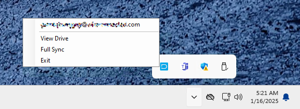 Context menu from the DekkoDrive system tray icon showing the account email, with View Drive, Full Sync and Exit options.