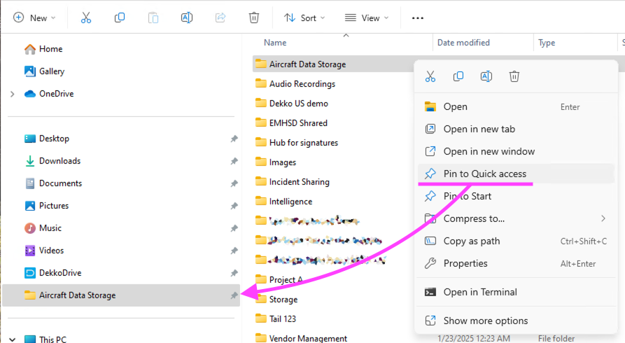 Windows File Explorer showing the right-click menu on the "Aircraft Data Storage" folder, with "Pin to Quick access" highlighted and an arrow pointing to the pinned folder in the sidebar.
