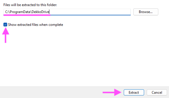 Windows Extract dialog with the destination path C:\\ProgramData\\DekkoDrive entered, "Show extracted files when complete" ticked, and the Extract button highlighted.