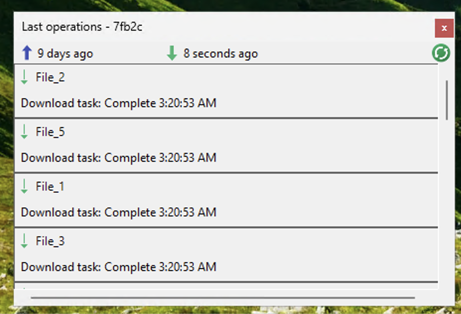 Last operations window listing four completed downloads (File_2, File_5, File_1, File_3) at 3:20:53 AM, with a green refresh icon at top right.