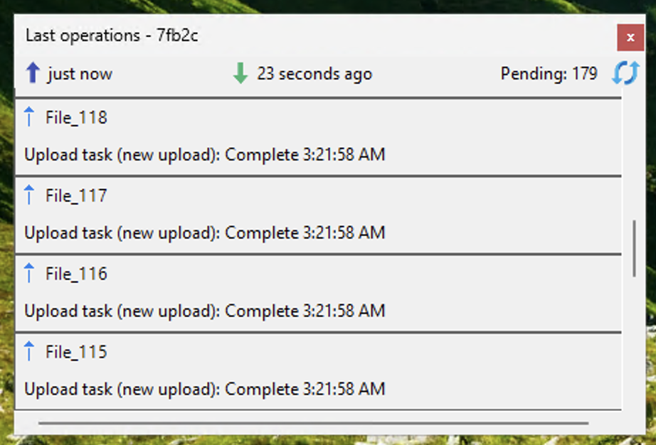Last operations window showing the blue pending-uploads icon, 179 pending items, and completed uploads of File_115 to File_118 at 3:21:58 AM.