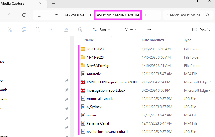 Windows Explorer showing the DekkoDrive "Aviation Media Capture" hub folder, with subfolders and media files listed under the highlighted breadcrumb path.