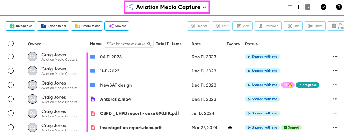 Web app view of the "Aviation Media Capture" hub listing 11 items, with folders 06-11-2023, 11-11-2023 and NewSAT design, and files Antarctic.mp4 and two PDFs, each with status tags.