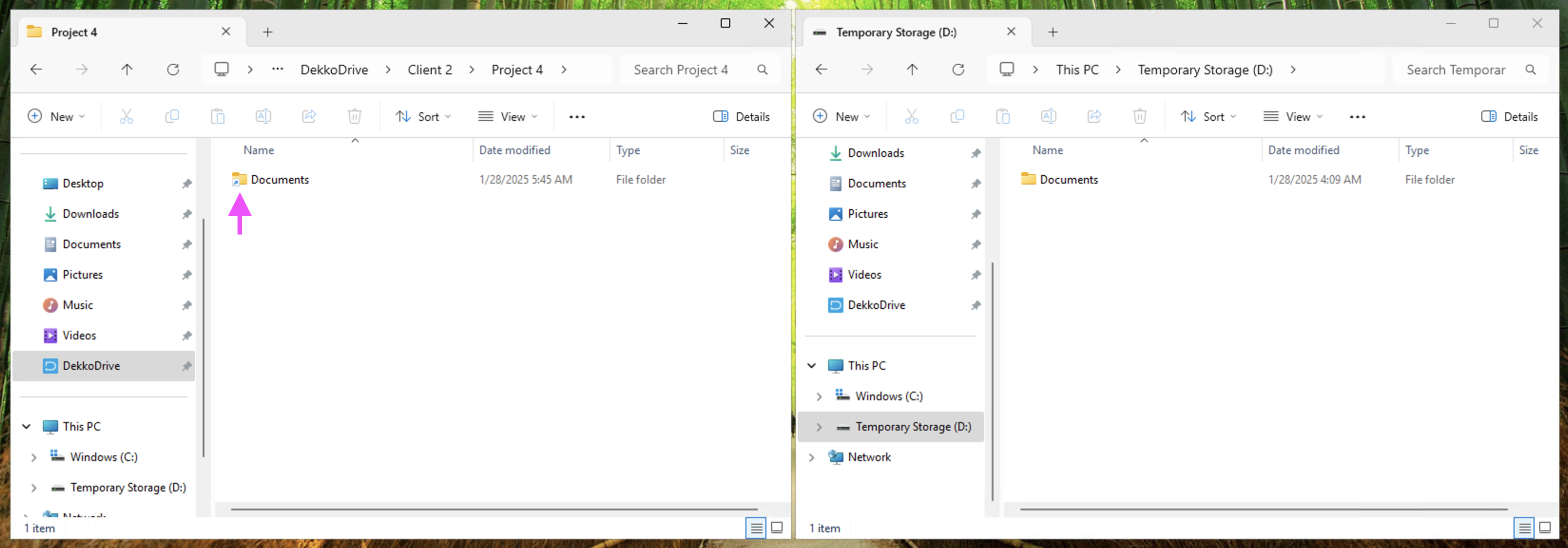 Two File Explorer windows side by side: the left shows the DekkoDrive "Project 4" folder with a Documents folder marked by a link-arrow icon, and the right shows Temporary Storage (D:).