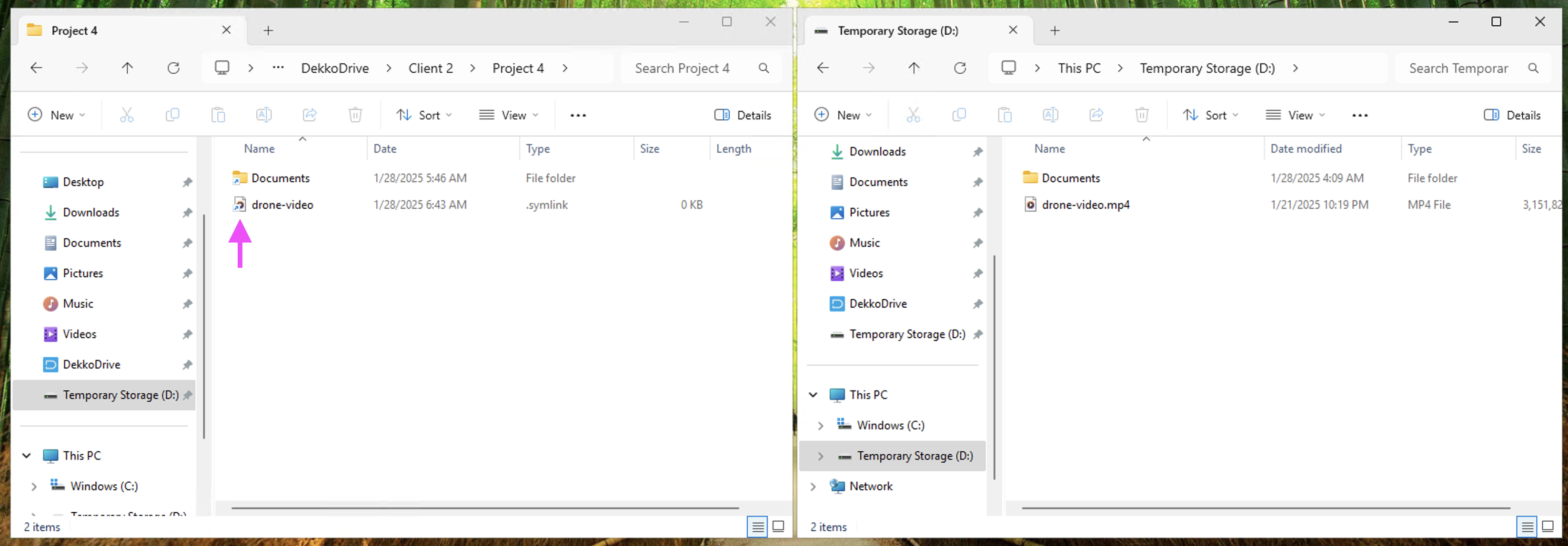 Two File Explorer windows: in the DekkoDrive "Project 4" folder, drone-video appears as a .symlink with a link icon (arrow marked), while Temporary Storage (D:) holds the drone-video.mp4 file.