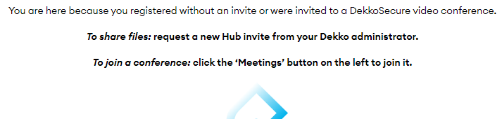 Message shown to users with no Hub invites: how to request a Hub invite for file sharing or click 'Meetings' to join a conference.