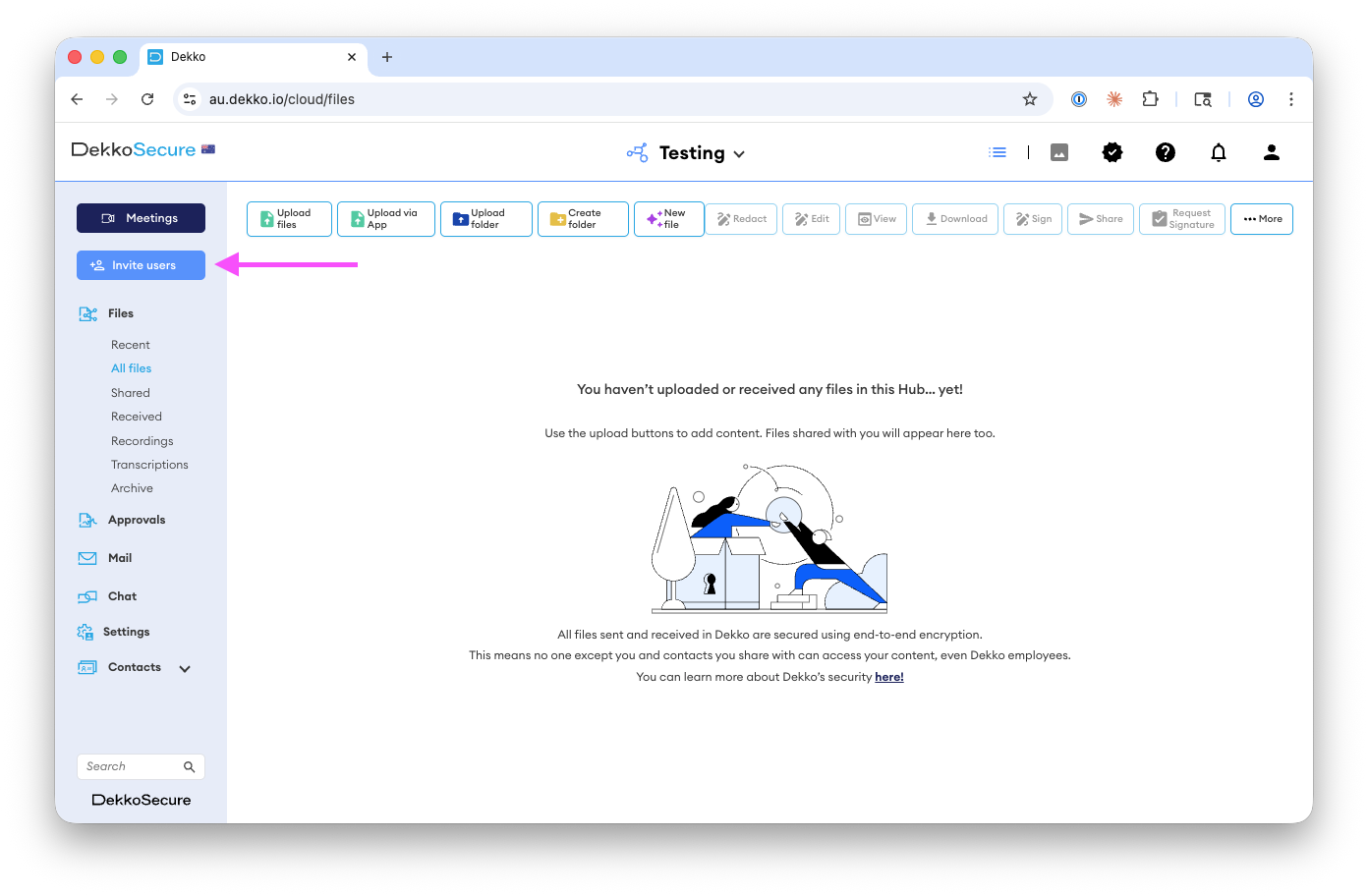 Dekko Cloud Files page in the Testing Hub, with a pink arrow pointing to the "Invite users" button in the left sidebar.