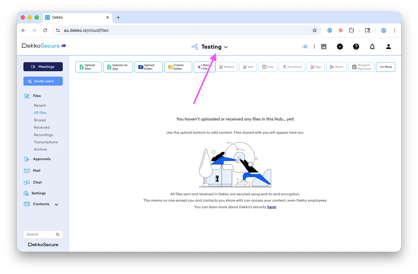 Dekko Files page in the "Testing" Hub, with a pink arrow pointing to the Hub name and the "Upload files" button in the toolbar.