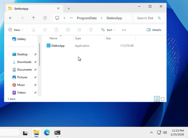 File Explorer window showing the DekkoApp folder under C:\\ProgramData, containing one Application file named DekkoApp (113,974 KB).