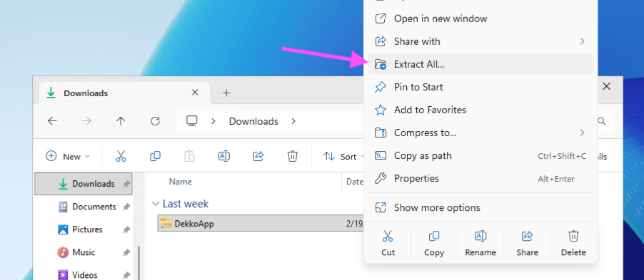 Windows File Explorer's Downloads folder with DekkoApp.zip selected and the right-click menu open, arrow pointing to "Extract All...