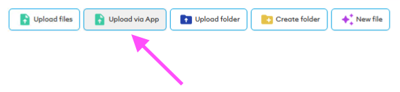 Toolbar of the DekkoSecure web interface with the "Upload via App" button highlighted by a pink arrow, between "Upload files" and "Upload folder".