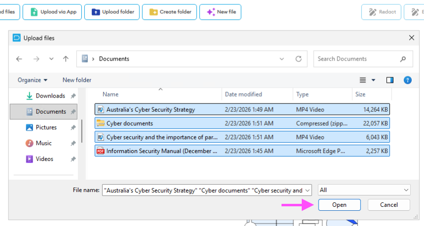 Windows file explorer "Upload files" dialog showing four files selected in Documents, with the Open button highlighted.