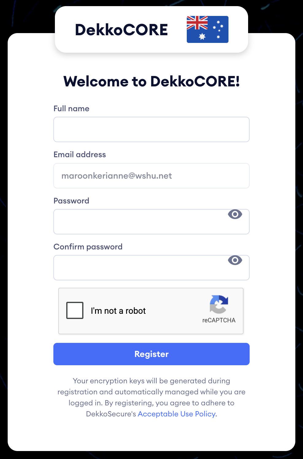 Standard DekkoCORE registration form with fields for full name, email, password, confirm password, a reCAPTCHA checkbox, and a Register button.