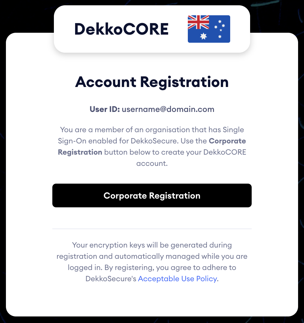 Account Registration screen for DekkoCORE showing the User ID field and the black "Corporate Registration" button used by SSO-enabled organisations.