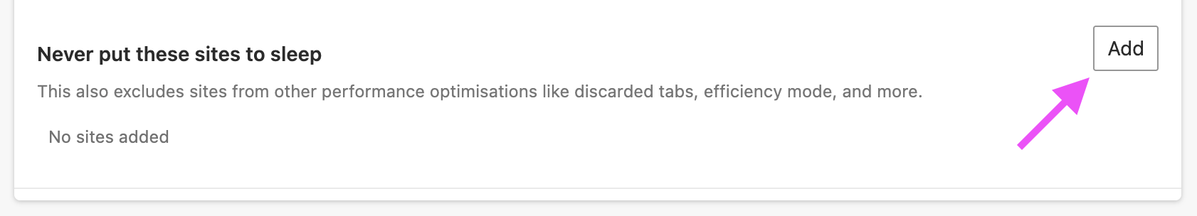 Edge performance settings showing the "Never put these sites to sleep" section with no sites added, and the Add button highlighted by a pink arrow.