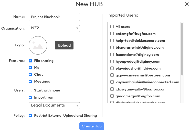 New Hub dialog showing Name "Project Bluebook," Organisation set to NZ2, Features checkboxes, Users set to Import from "Legal Documents," and Restrict External Upload and Sharing policy ticked.