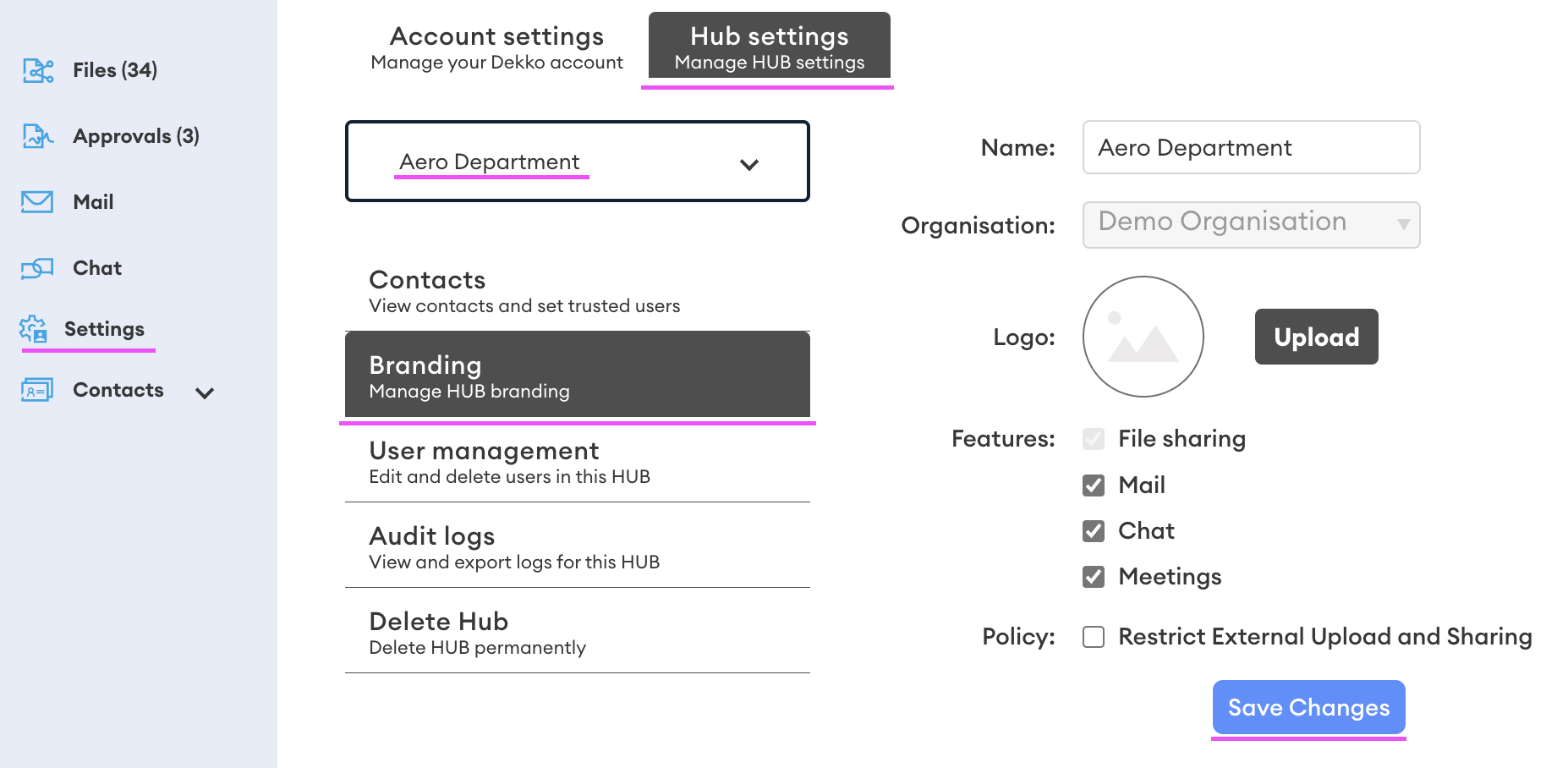 Hub settings screen showing the Aero Department hub selected, with the Branding section, Logo upload, and Features checkboxes for Mail, Chat and Meetings ticked.