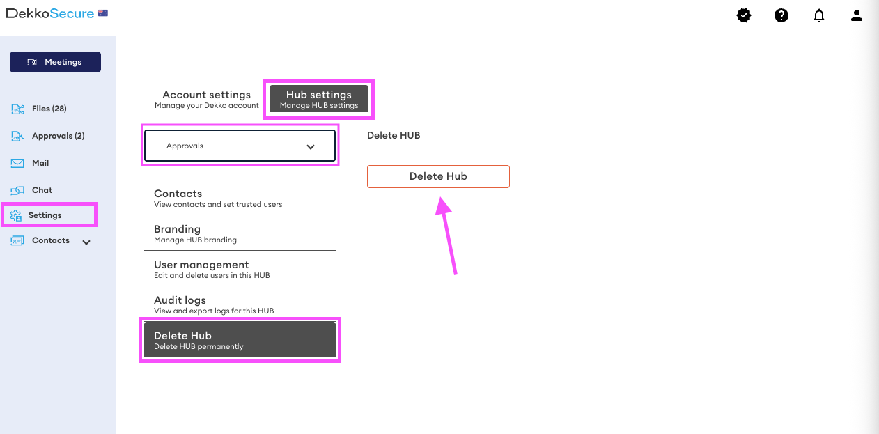 DekkoSecure Settings screen with Hub settings selected, the Approvals hub dropdown, Delete Hub chosen in the left menu, and the Delete Hub button highlighted.