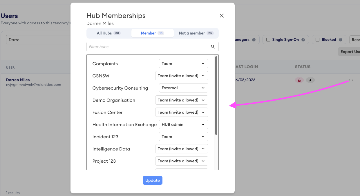 Hub Memberships dialog for user Darren Miles, Member tab selected, listing each Hub with a role dropdown such as Team, Team (invite allowed), External or HUB admin.
