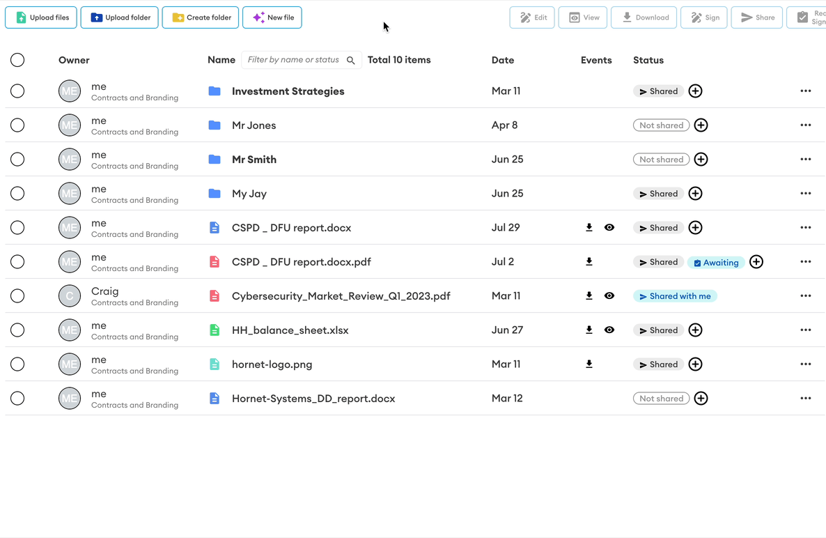 File list in a Hub showing toolbar buttons (Upload files, Create folder, Share) and a Status column with Shared, Not shared and Awaiting badges.
