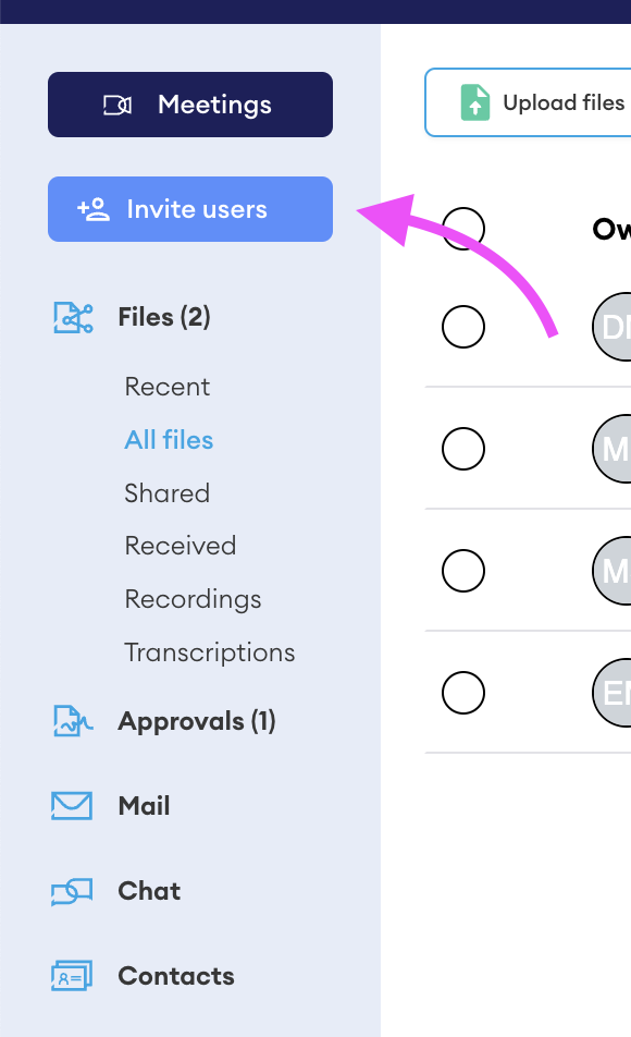 Left navigation panel with the "Invite users" button highlighted by a pink arrow, beneath the Meetings button and above Files.