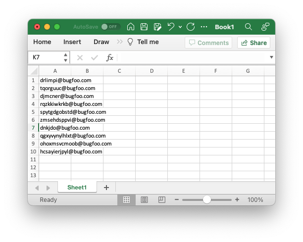 Excel spreadsheet "Book1" with ten email addresses listed down column A, one per row, showing the layout to use for mass invites.