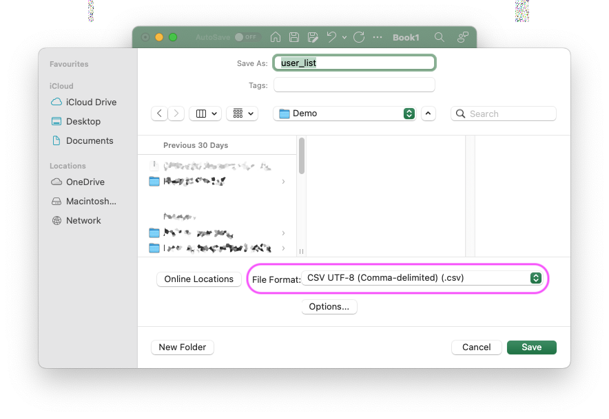 Save dialog in a spreadsheet app with file name "user_list" and File Format set to "CSV UTF-8 (Comma-delimited) (.csv)" highlighted.