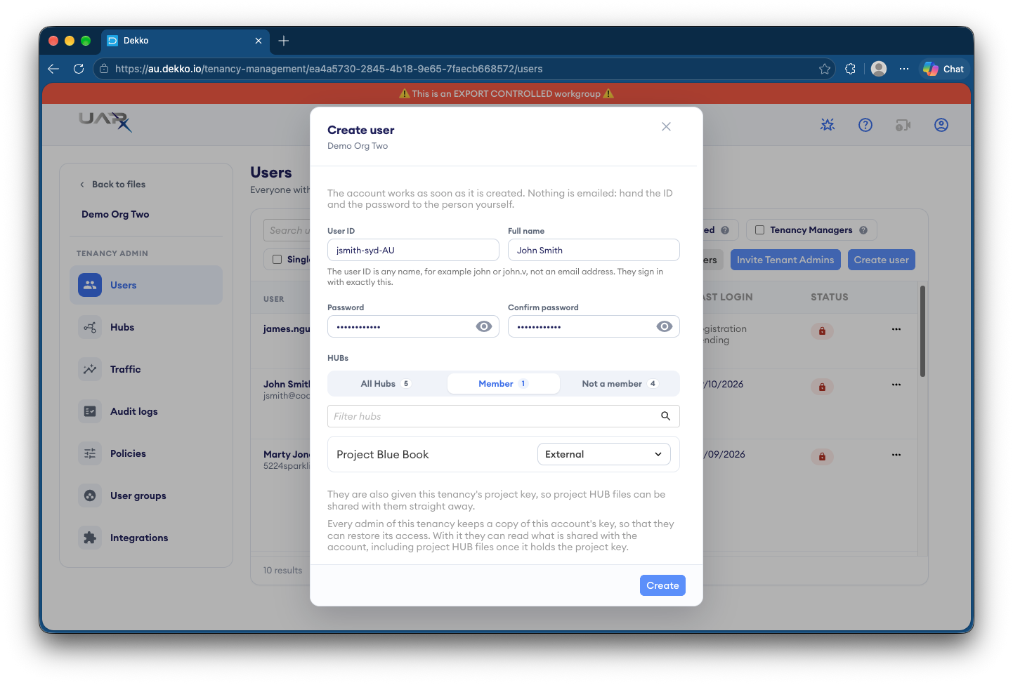 Create user dialog for Demo Org Two with User ID, Full name, password fields, the HUBs tabs (All, Member, Not a member), and a role dropdown set to External for Project Blue Book.