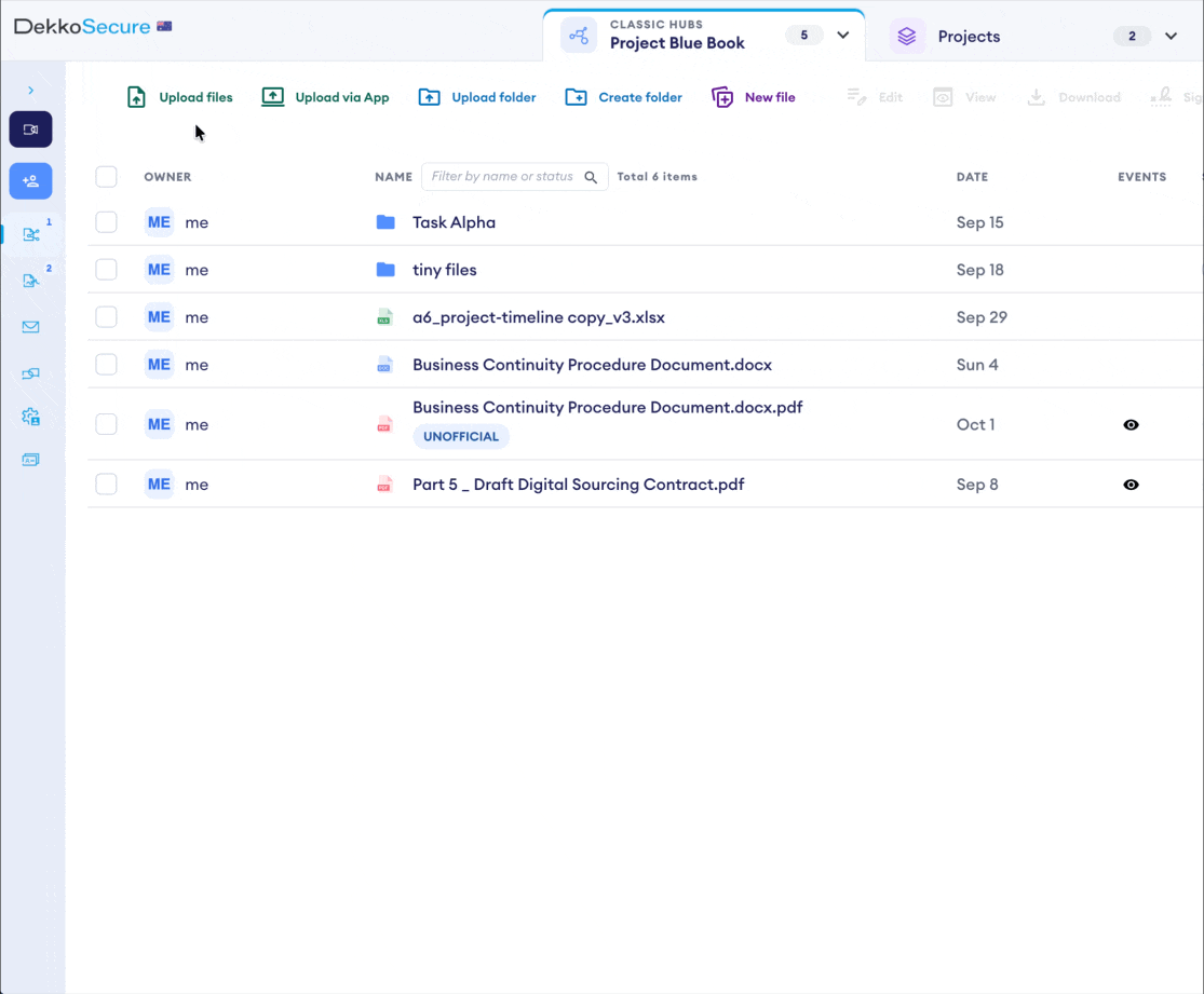 Classic Hub file list for "Project Blue Book" showing toolbar actions (Upload files, Upload via App, Create folder, New file) above folders and files with owner, date and events columns.