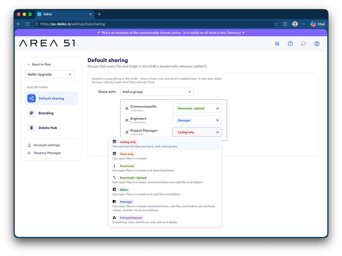 Default sharing settings page in a Hub, showing groups Commonwealth, Engineers and Project Manager with access-level dropdown open (Listing only to Full permissions).