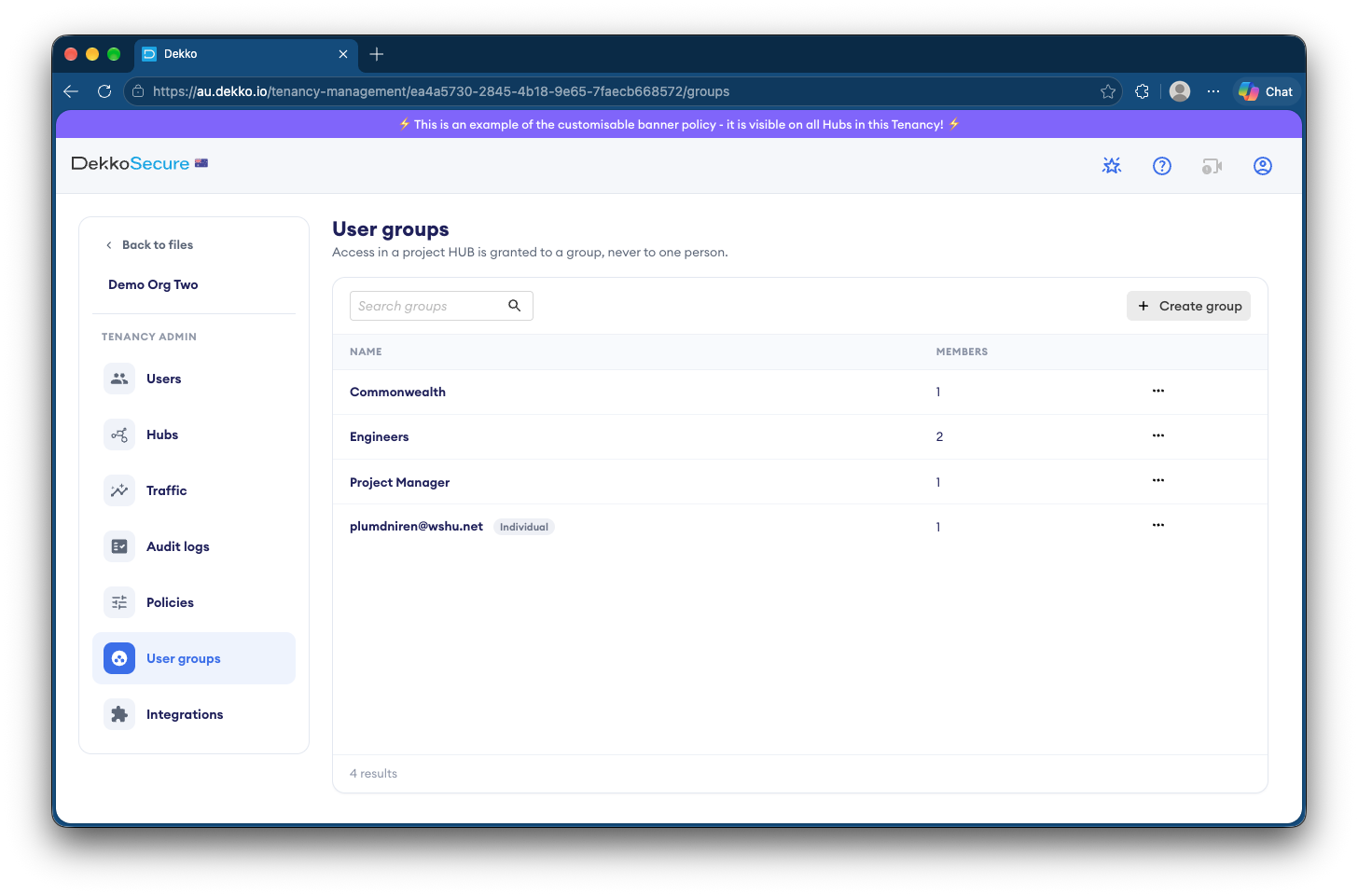 Dekko Tenancy Manager "User groups" page listing four groups (Commonwealth, Engineers, Project Manager, and an Individual group) with their member counts.