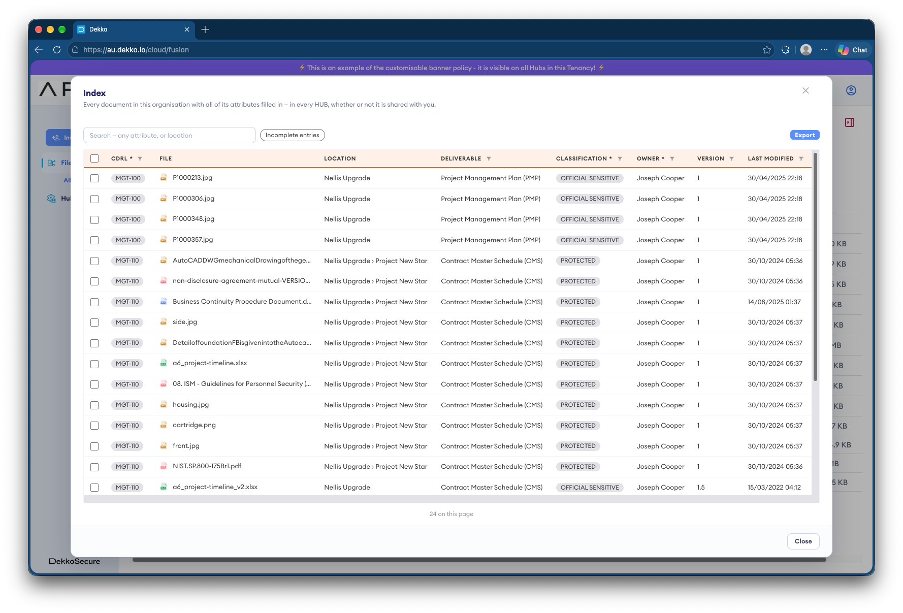 Index dialog in Dekko listing files with CDRL, location, deliverable, classification, owner, version and last modified columns, plus Export button.