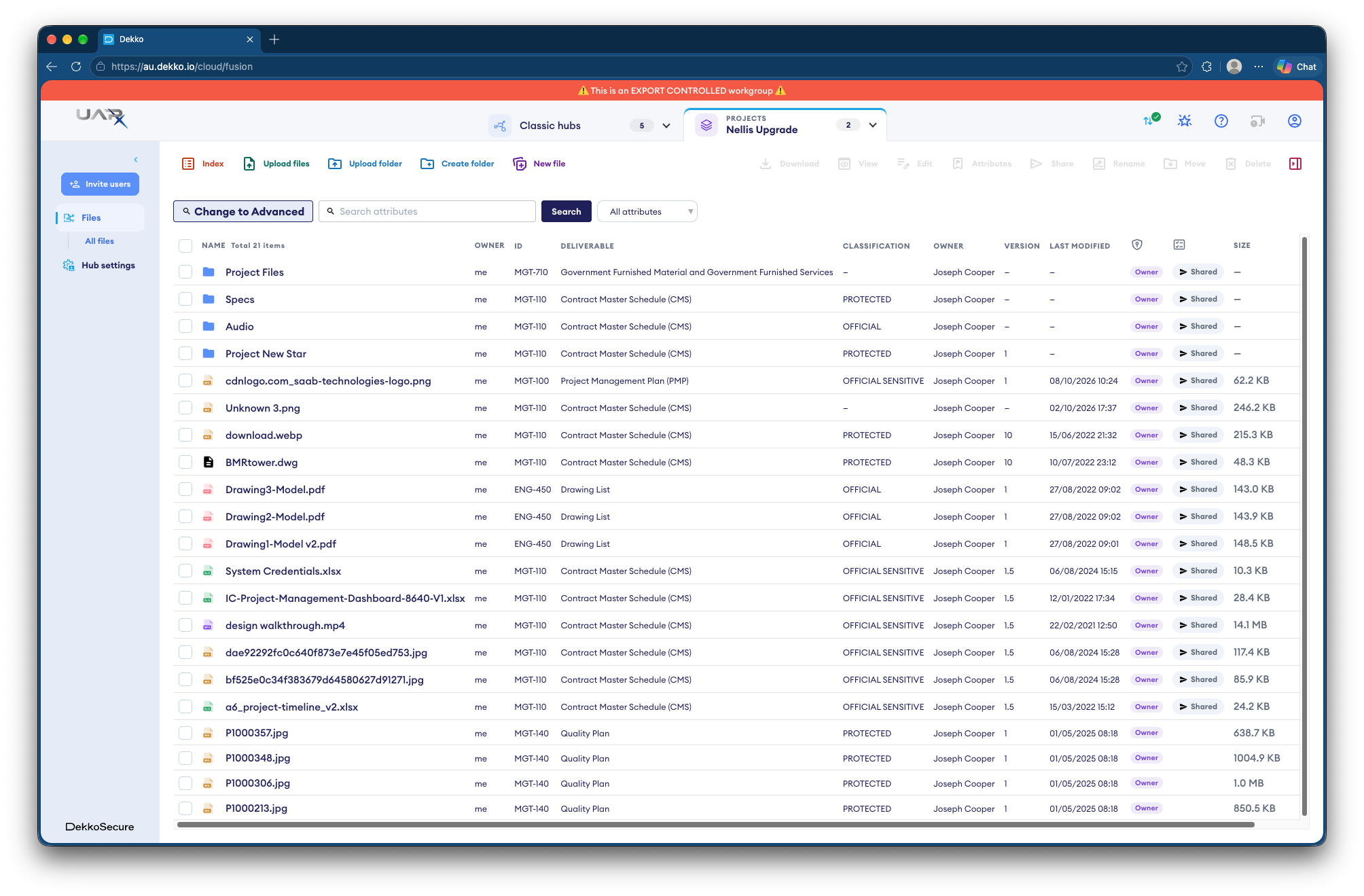 Dekko Fusion Hub file list for "Nellis Upgrade" showing folders first, then files, with metadata columns (Owner, ID, Deliverable, Classification, Version, Last Modified) and the Index button.