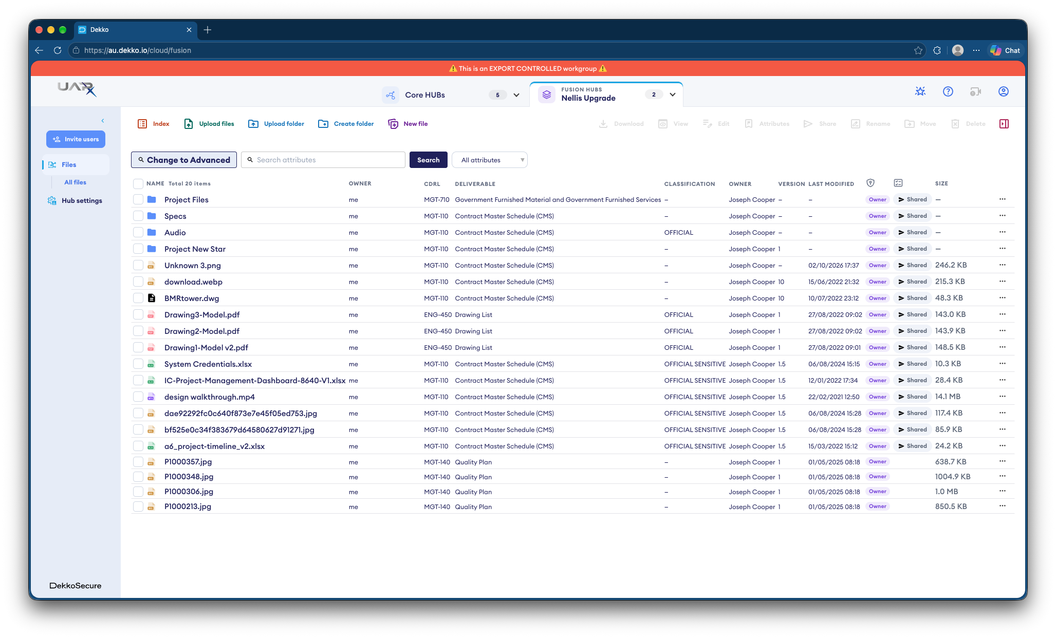 Dekko Fusion Hub "Nellis Upgrade" file list with Index, Upload, Search by attribute and Shared columns, under the Fusion Hubs tab.