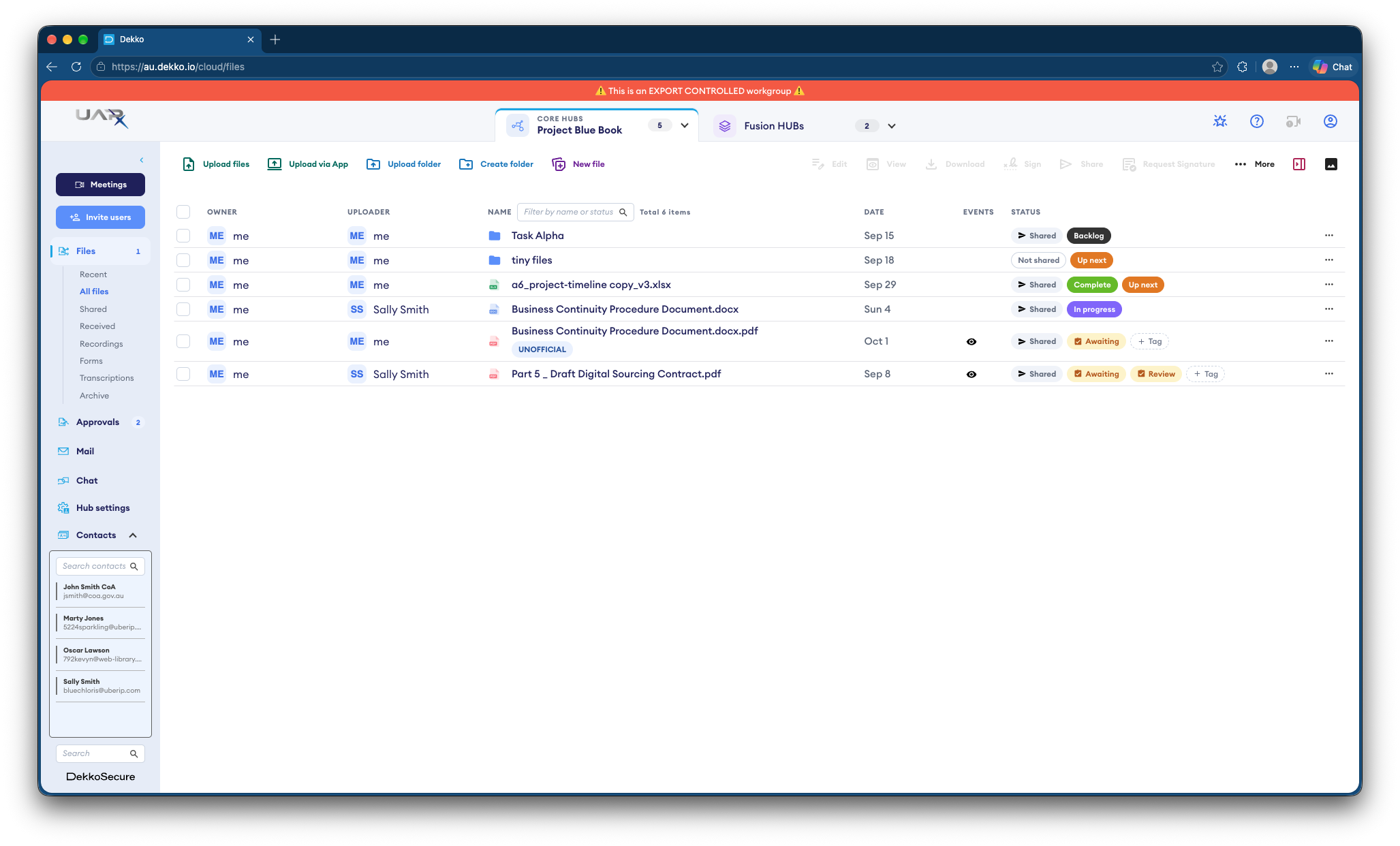 DekkoCORE Hubs file list for "Project Blue Book" showing owner, uploader, date, and status columns, with an export-controlled banner.