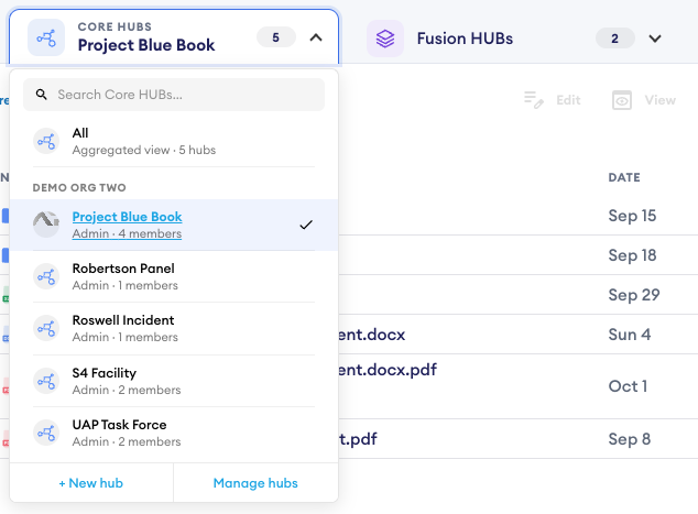 Core Hubs dropdown open showing Project Blue Book selected, with All, Robertson Panel, Roswell Incident, S4 Facility and UAP Task Force listed, plus New hub and Manage hubs buttons.
