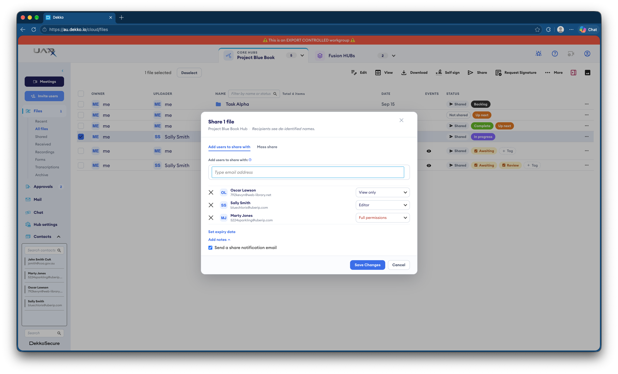 Share dialog for "Project Blue Book" showing three recipients, Oscar Lawson (View only), Sally Smith (Editor) and Marty Jones (Full permissions), each with a per-user permission dropdown.