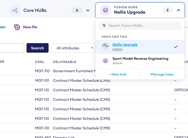 Dropdown showing Core Hubs (5) collapsed and Fusion Hubs expanded, listing "Nellis Upgrade" (selected) and "Sport Model Reverse Engineering" under Demo Org Two.